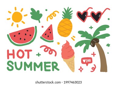 Verano con elementos dibujados a mano - caligrafía, sandía, hojas tropicales, frutas. Ilustración del vector