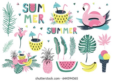 Summer Set With Hand Drawn Elements - Flamingo, Calligraphy, Flowers, Tropical Leaves, Fruits And Other. Perfect For Web, Card, Poster, Cover, Tag, Invitation, Sticker Kit. Vector Illustration