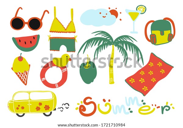 Summer set\
hand drawn elements, doodle style, car, Travel, Ice cream, bag,\
watermelon, glasses, calligraphy and\
other.