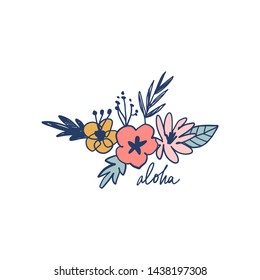 Summer set with hand drawn flowers and tropical leaves. Aloha lettering text. Good for web, cards, posters, invitations. Vector illustration.