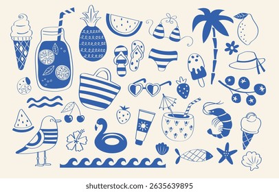 Summer set of hand drawn icons for hot season in sea style, funny doodle holiday beach elements -watermelon,ice cream, palm,drinks. Isolated blue and white elements. Perfect for templates,web. Vector