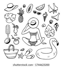 Summer set. Hand drawn illustration. Isolated elements. Woman, shells, ice cream, pineapple, watermelon, cocktail and other.