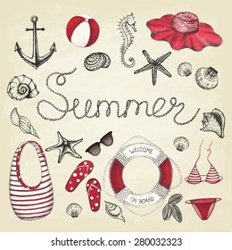 Summer set. Hand drawn retro icons summer beach set on a grunge paper background. Vintage style. Vector illustration.