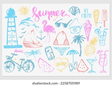 Summer set with hand drawn sketches and lettering. Cocktail, lighthouse, dolphin, popsicle, flamingo, yacht, ice cream, bikini, bike, sun. For summer cards, poster, label design background.