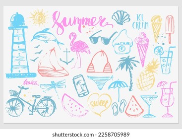 Sommerset mit handgezeichneten Skizzen und Schriftzeichen. Cocktail, Leuchtturm, Delphin, Popsikel, Flamingo, Yacht, Eis, Bikini, Bike, Sonne. Für Sommerkarten, Poster, Label-Design-Hintergrund.