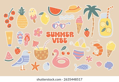 Summer set of hand drawn stickers for hot season, funny doodle holiday beach elements -watermelon,lemon,ice cream, palm,drinks. Isolated elements for scrapbooking. Perfect for templates,web. Vector