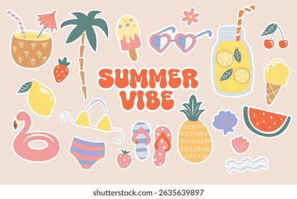 Summer set of hand drawn stickers,funny doodle holiday beach elements-watermelon,lemon,ice cream,palm,drinks, cocktail. Isolated elements for scrapbooking summer vibe. Perfect for templates,web.Vector