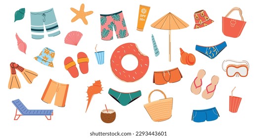 Summer set in hand drawn style. Circle for swimming. Sun cream, drinks, sun lounger, swimming mask, shorts, swimsuit. Vector stock illustration. Isolated