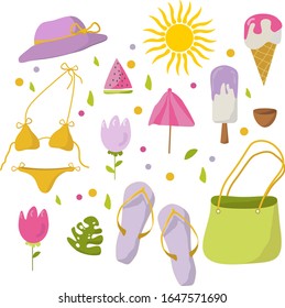 Summer set with hand drawn travel elements. Ice cream, watermelon, leaves, sun, hat, sandals, beach bag, swimsuit, coconut, umbrella. Vector illustration isolated on white background.