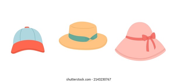 Summer set of hats, flat design, vector illustration