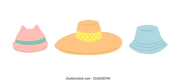 Juego de sombreros de verano, diseño plano, ilustración vectorial