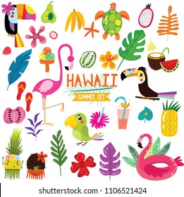 Summer set of Hawaiian symbols and elements- fruits , toucan, flamingo,ice cream and tropical leaves. Perfect for web, card, poster or t-shirt. Vector illustration