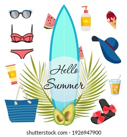 summer set. Hello summer. Vector illustration of swimsuit, surfboard, drink, watermelon, sunglasses, beach slippers, ice cream, sunscreen, beach bag, palm branches. Isolated on a white background.