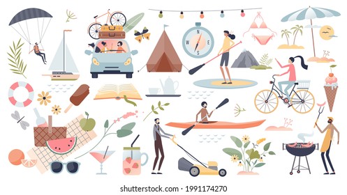 Summer set with hot weather or holiday season elements tiny person collection set. Beach vacation and outdoor activities isolated items with summertime theme symbols vector illustration. Seaside trip.