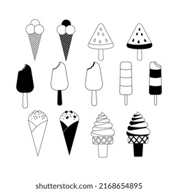 summer set of ice cream in cones, ice cream on a stick, monochrome illustration