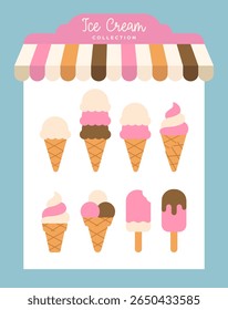 Conjunto de verão de ícones de sorvete em estilo plano minimalista em tabuleiro com imagem de toldo de gelato listrado. Para menu, sinal, banner, quadro, publicidade. Vetor EPS10