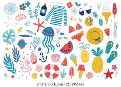 Summer set - ice-cream, pineapple, watermelon, fish, sunscreen, seagull, anchor, lifebuoy, jellyfish, shell, singlet, swimsuit, straw hat, slippers, flowers, starfish, monstera and palm leaves