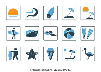 Summer set icon. Contains Sunsets icon, sunrises, waves, surfboards, beach umbrellas, surfers, sun loungers and more. Solid icon style design. Simple vector design editable