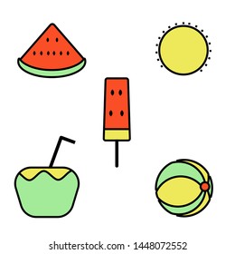 summer set icon with flat style, watermelon, beach ball, ice bar, coconut, sun