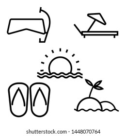 Summer set icon with outline style, glasses, beach, sunset, beach chairs