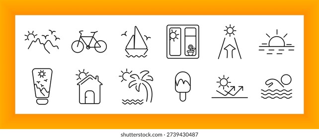 Summer set icon. Sun, palm, sea, bike, boat, swim, window, ice cream, reflection, relax, vacation, travel, beach, adventure, nature, ride