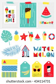 Summer set. Icon, tags, sticker, cards. Scandinavian collection with watermelon, ice cream, palm, starfish, tropic, sun, banana. Vector illustration.