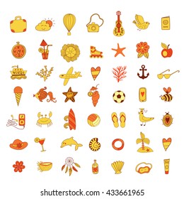 Summer set icons, summer beach hand drawn vector symbols and objects, travel vacation doodle elements.