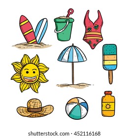 Summer set icons with bikini, ice cream, ball, surfboard and sun