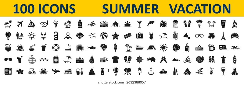 Summer set icons. Summer vacation signs. Travel, beach, tourism, luggage, sea ​​animals, sunglasses, summer holidays relax