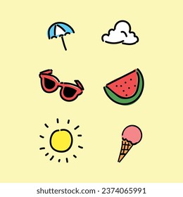 Summer Set Illustration Vector Design Icon clipart in a yellow background