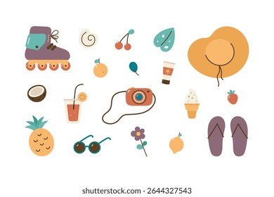Summer set. Isolated cartoon flat objects on white background. Hat, shell, ice cream, juice, glasses, roller skates, lemon, strawberry, sunscreen, pineapple, coconut, camera. Summer vibes.