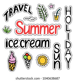 Summer set of isolated cute colorful Patches in doodle style and text lettering Summer, Sun, Holiday, Travel, Ice cream for design. Hand drawn line art illustration. Vector.