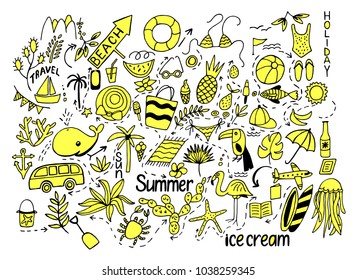 Summer set with isolated hand drawn cut images in doodle style and text for design. Line art illustration with things for beach and holiday. Vector.