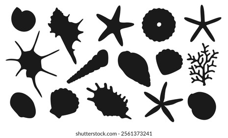 Summer set of isolated on white background black hand drawn various sea shell, coral, starfish of different shapes and kinds. Silhouette, outline icon. Vector illustration EPS10