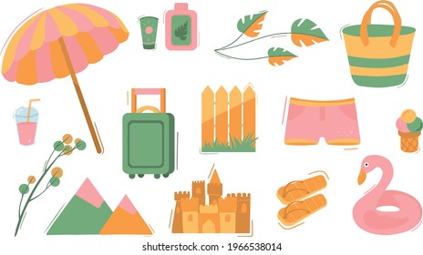 Summer set of items beach umbrella, sunblock, monstera, bag, cocktail, plants, swimming trunks, ice cream, fence, suitcase, flip flops, mountains, sand castle and life buoy in yellow, pink and green