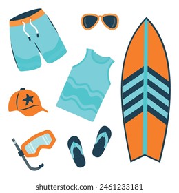 Conjunto de artículos de verano para disfrutar de sus vacaciones - máscara de buceo, gorra de béisbol, pantalones cortos, gafas de sol. Ilustración vectorial de ropa de verano y accesorios para unas vacaciones en la playa.