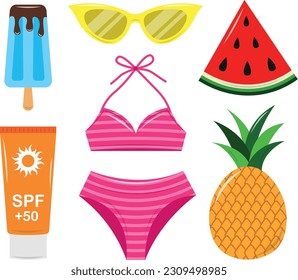 Summer set of items and food, vector illustration