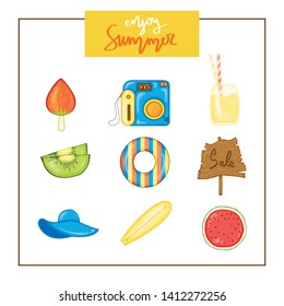 Summer set of items on a white background. Travel, beach and delicious food. The inscription "Enjoy Summer".