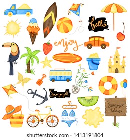 Summer set of items on a white background. Travel, beach and delicious food.