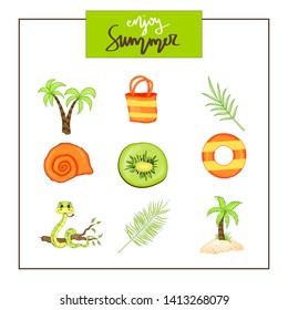 Summer set of items on a white background. Travel, beach and delicious food. The inscription "Enjoy Summer".