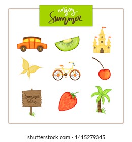 Summer set of items on a white background. Travel, beach and delicious food. The inscription "Enjoy Summer".