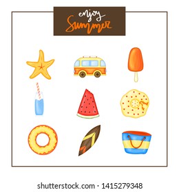 Summer set of items on a white background. Travel, beach and delicious food. The inscription "Enjoy Summer".