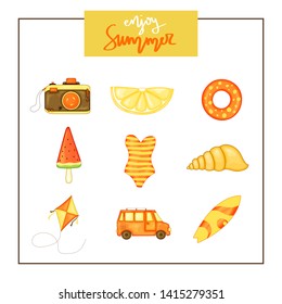 Summer set of items on a white background. Travel, beach and delicious food. The inscription "Enjoy Summer".