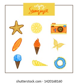 Summer set of items on a white background. Travel, beach and delicious food. The inscription "Enjoy Summer".