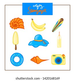 Summer set of items on a white background. Travel, beach and delicious food. The inscription "Enjoy Summer".