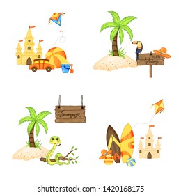 Summer set of items on a white background. Travel, beach and surfing.