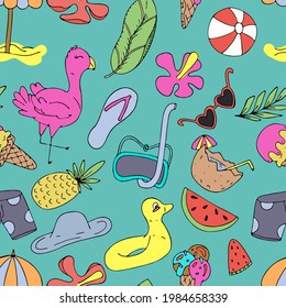 summer, set of summer items - tree, swimsuit, vector seamless pattern of doodle elements with black outline on a blue background