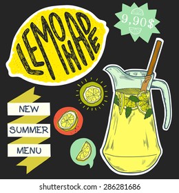 Summer set with jug of lemonade, slices of lemon in colorful banners and 'Lemonade' hand lettering. Hand drawn vector illustration.