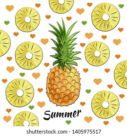 Summer set: juicy fruit pineapple, pineapple pieces, summer inscription, hearts. Isolated objects on white background. Image in yellow and green colors for your decor and design. Poster. Postcard. 