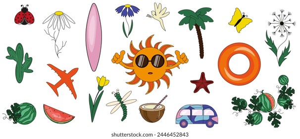 Summer set. Kawaii Sun, travel Bus, Palm tree, Aircraft. Summer elements and icons isolated white background. Vector illustration can used web postcard, banner, poster template design. EPS 10